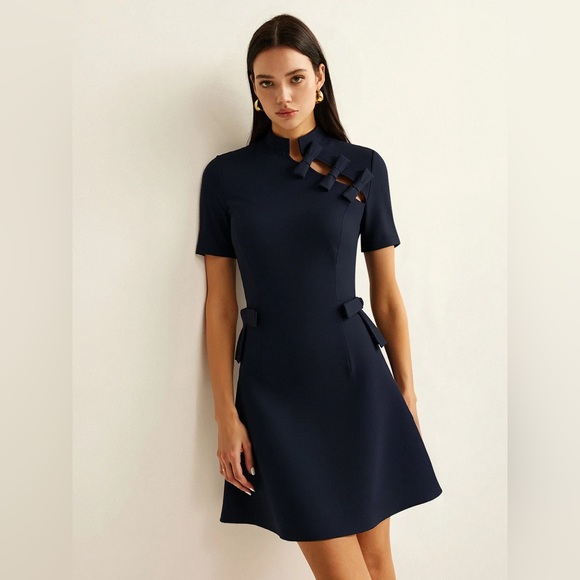 Commense Dresses & Skirts - Commense Bow Cut-Out Stand Collar Short Sleeve Dress